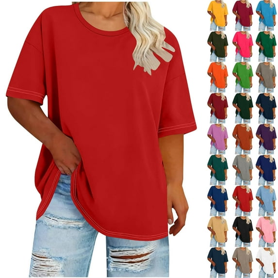 sovlvnd Women's Summer Plus Size Solid Round Neck Loose Short Sleeve Tops T-shirt Blouse Loose Fitting Shirt Comfy Tee Blouse Lightweight tunic Blouse Tops S-5XL