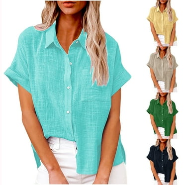sovlvnd Women's Tops Fashion Plus Size Solid Color Button Shirt Lightweight Female V-Neck Loose T-shirt Blouse Summer Tunic Casual Tops S-5XL, Spring Savings!