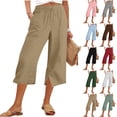 thumbnail image 1 of Womens Linen Capri Pants Summer Wide Leg Side Split Loose Pants With Pockets, 1 of 9