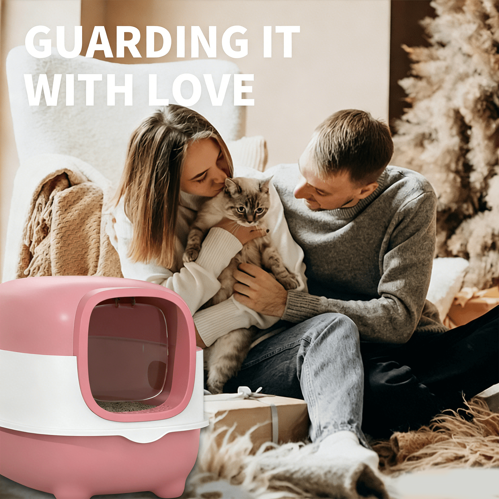 spacious fully enclosed pink cat litter box with a cat litter scoop