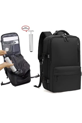 A spacious travel rucksack featuring a vacuum compression system (with built-in air pump); sturdy and durable, it is ideal for business trips, hiking and camping. Designed for all genders.