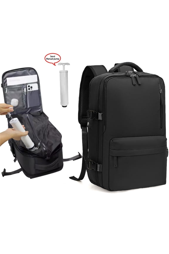 A spacious travel rucksack featuring a vacuum compression system (with built-in air pump); sturdy and durable, it is ideal for business trips, hiking and camping. Designed for all genders.