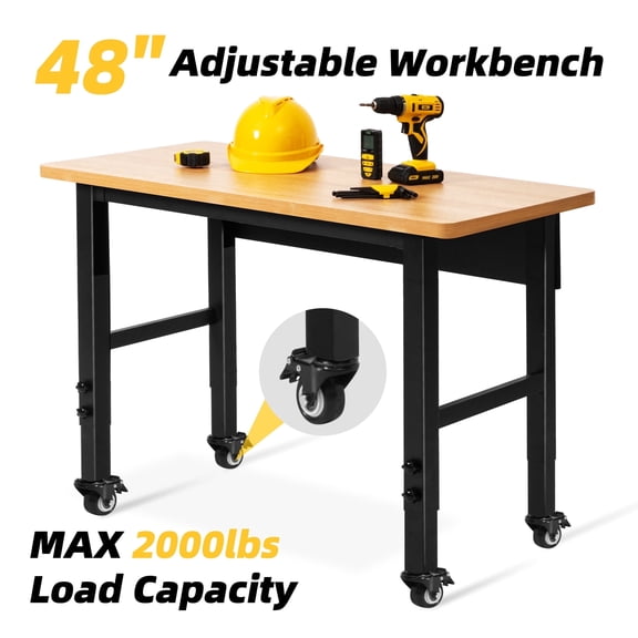 Spanspace 48"x24" Garage Workbench with Locking Universal Wheels, Leveling Foot, Adjustable Height, 2000 LBS Load Capacity, Large Work Benches for Garage, Workshop, Office, Home, Woodworking