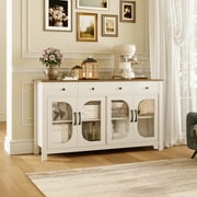 spanspace 55 Large Sideboard Buffet Cabinet with Storage, Buffet Table with 3 Drawers and 4 Glass Doors, Kitchen Buffet Storage Cabinet Coffee Bar Cabinet for Living Room,White