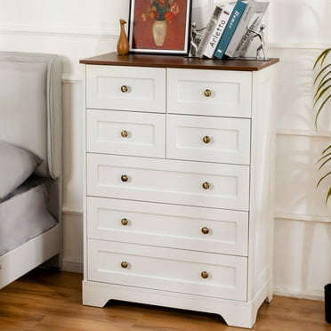 spanspace 7 Drawers Dresser for Bedroom, Modern Vertical Chest of Drawer with Metal pull Handle, Wood Storage Cabinet for Living Room, Hallway and Bedroom (White)