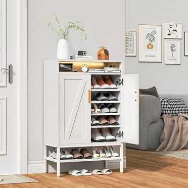 spanspace 7 Tiers Shoe Storage Cabinet for Entryway, Freestanding Shoe Rack Organizer with Open Storage, Adjustable Shelves and Light,White