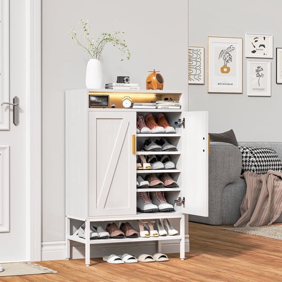 spanspace 7 Tiers Shoe Storage Cabinet for Entryway, Freestanding Shoe Rack Organizer with Open Storage, Adjustable Shelves and Light,White