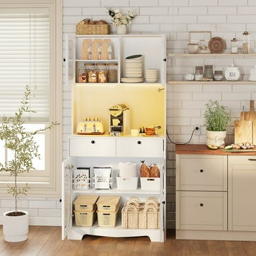 spanspace 70.9" Kitchen Pantry Cabinet with Power Outlet and LED Light, 2 Drawers Buffet Storage Cabinet with Glass Doors and Adjustable Shelves for Dining Room Living Room, White