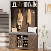 spanspace Hall Tree with Cushion and Open Shoe Cabinet, 4-In-1 Coat Rack with Storage Bench, Coat Hanger and Adjustable Shelves, 71 Height Hall Tree for Hallway, Living Room, Brown