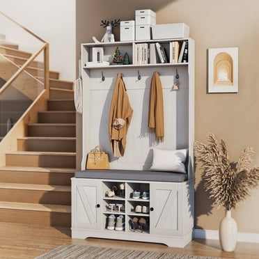 spanspace 71" Coat Rack with 6 Hooks, 4-in-1 Hall Tree with Storage Bench, Coat Hanger, Shoe Cabinet with Soft Cushion for Hallway, Living Room, White