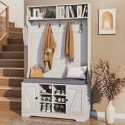 spanspace Hall Tree with Cushion and Open Shoe Cabinet, 4-In-1 Coat Rack with Storage Bench, Coat Hanger and Adjustable Shelves, 71 Height Hall Tree for Hallway, Living Room, White