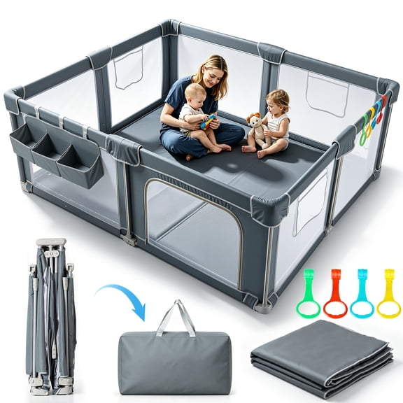spanspace Foldable Baby Playpen 60"x72" with Mat, Out-of-The-Box Ready Playpen for Babies and Toddlers, Portable Play Yard with Breathable Mesh & Gates, Storage Bag & 4 Handlers for Indoor & Outdoor