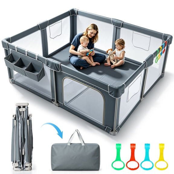 spanspace Foldable Baby Playpen 60"x72", Out-of-The-Box Ready Playpen for Babies and Toddlers, Portable Play Yard with Breathable Mesh & Gates, Storage Bag & 4 Handlers for Indoor & Outdoor
