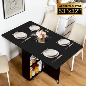 Spanspace Folding Dining Table, Drop Leaf Kitchen Table with Extra Large 53" × 31.5" Tabletop, 6 Wheels & Storage Shelf, Space Saving for Small Spaces, Black