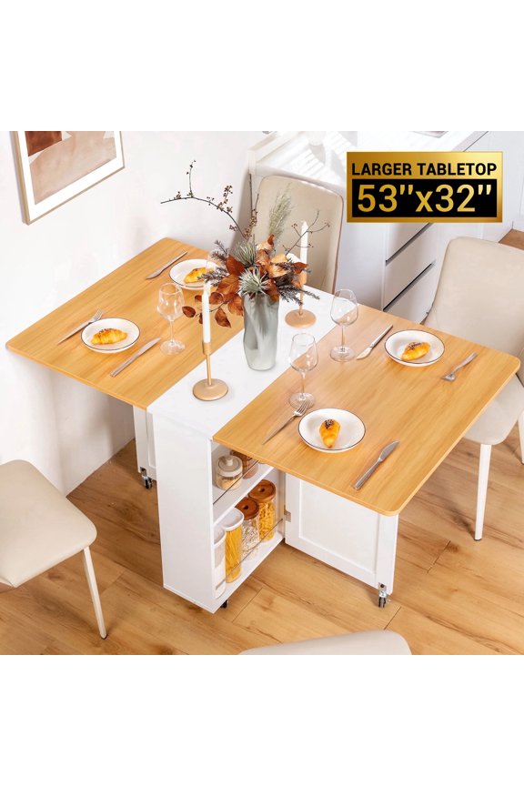 Folding Dining Table with Larger Tabletop(53'' × 31.5''), Drop Leaf Design, 6 Wheels and 2-Layer Storage Shelves, Space Saving Multi-Functional Kitchen and Dining Table, White