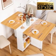 Spanspace Folding Dining Table with Larger Tabletop 53   31.5, Drop Leaf Design, 6 Wheels and 2-Layer Storage Shelves, Space Saving Multi-Functional Kitchen and Dining Table, White