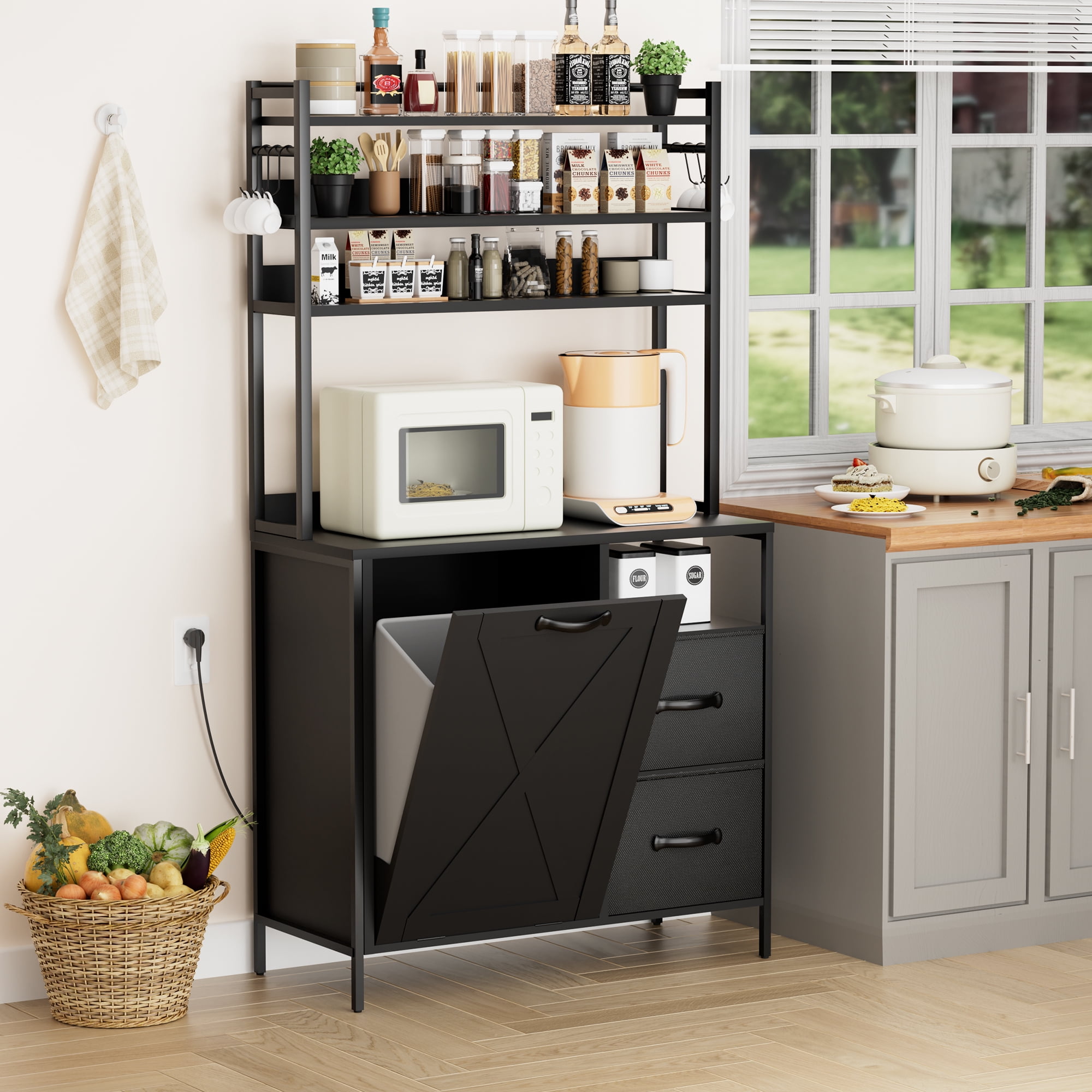 spanspace Kitchen Bakers Rack with Storage Cabinet and Power Outlet, 65.8" Microwave Stand with Storage Drawer and Trash Bin Cabinet,Coffee Bar Cabinet with 6 Hooks,Black