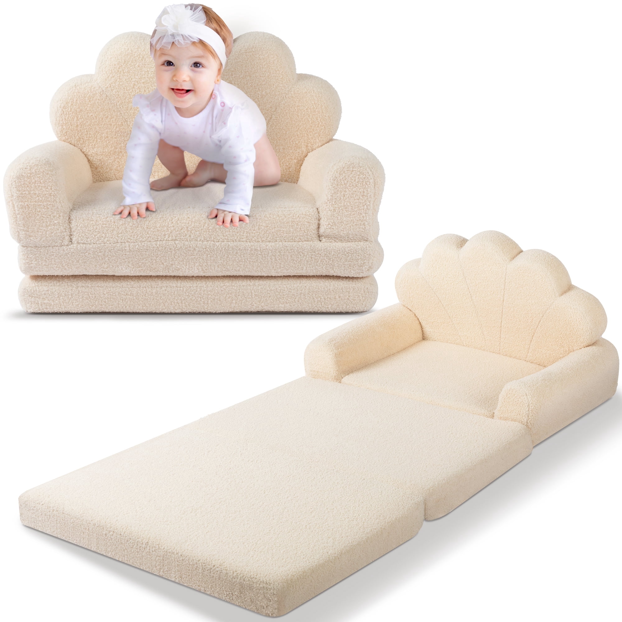 spanspace Kids Chairs for Toddler,Flip-Out 2-in-1 Convertible Chair to Lounger for Girls and Boys, Teddy Fleece Fabric,Cream