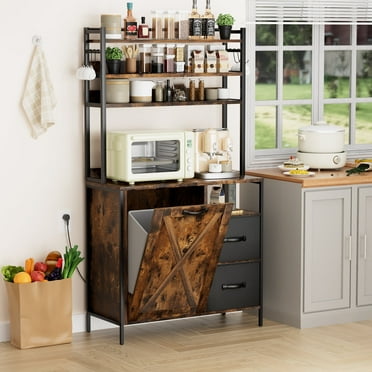 spanspace 66" Kitchen Bakers Rack with Storage Cabinet and Power Outlet, 7-Tier Microwave Stand with Storage Drawer and Trash Bin Cabinet,Coffee Bar Cabinet with 6 Hooks,Rustic Brown