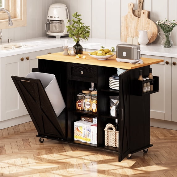 spanspace 48" Kitchen Island Cart with Drop Leaf , 10 Gallon Storage and Tilt Out Trash Can Cabinet , Portable Kitchen Island with Wheels Drawer and Adjustable Shelves for Kitchen, Black