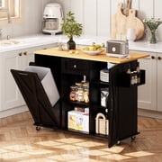 spanspace 48 Kitchen Island Cart with Drop Leaf , 10 Gallon Storage and Tilt Out Trash Can Cabinet , Portable Kitchen Island with Wheels Drawer and Adjustable Shelves for Kitchen, Black