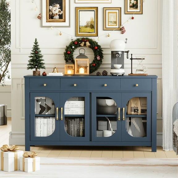spanspace Large Sideboard Buffet Cabinet with Storage, Kitchen Storage Cabinet with 3 Drawers and 4 Glass Doors, 55" Wide Buffet Table Coffee Bar Cabinet for Dining Room, Living Room,Blue