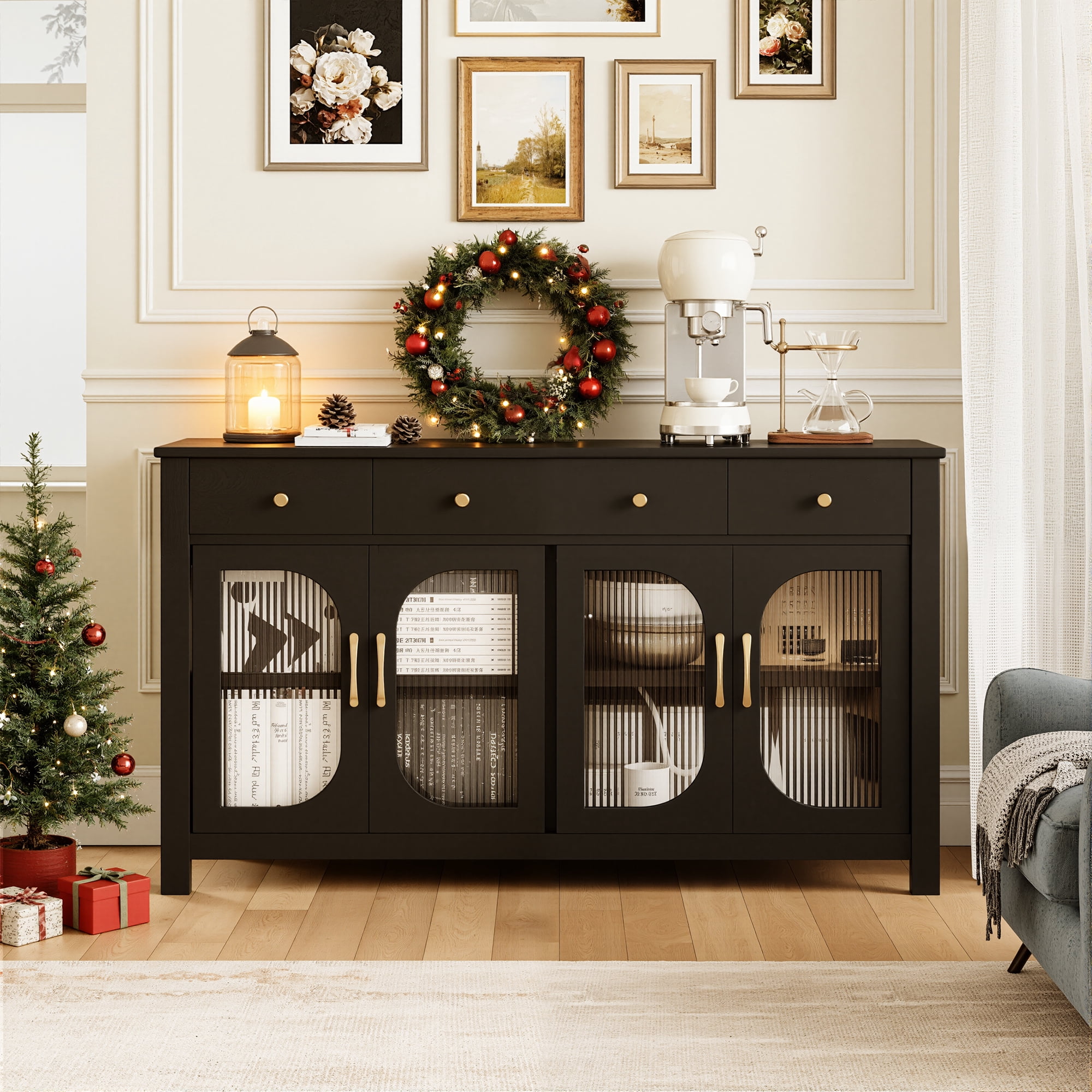 spanspace Large Sideboard Buffet Cabinet with Storage, Kitchen Storage Cabinet with 3 Drawers and 4 Glass Doors, 55" Wide Buffet Table Coffee Bar Cabinet for Dining Room, Living Room,Black