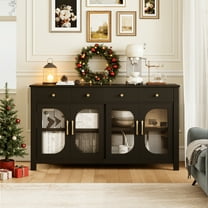 spanspace Large Sideboard Buffet Cabinet with Storage, Kitchen Storage Cabinet with 3 Drawers and 4 Glass Doors, 55" Wide Buffet Table Coffee Bar Cabinet for Dining Room, Living Room,Black