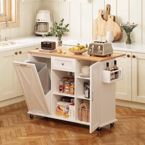 spanspace 48" Kitchen Island Cart with Drop Leaf , 10 Gallon Storage and Tilt Out Trash Can Cabinet , Portable Kitchen Island with Wheels Drawer and Adjustable Shelves for Kitchen, White