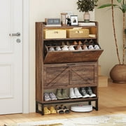 spanspace Shoe Cabinet with 2 Flip Drawers,Farmhouse Shoe Storage Cabinet Organizer for Entryway,Narrow Shoe Rack with 2 Open Shelves and Light ,Brown