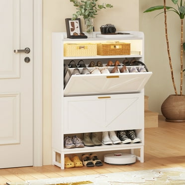 spanspace Shoe Cabinet with 2 Flip Drawers,Modern Shoe Storage Cabinet for Entryway, Freestanding Shoe Rack Organizer with Open Storage and Light