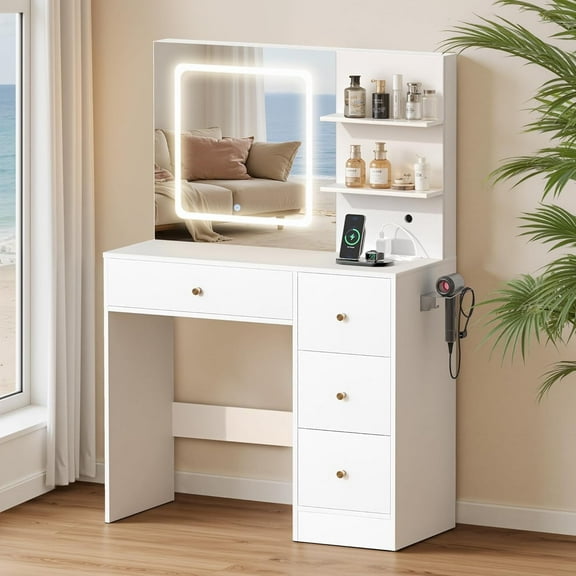 Makeup Vanity Desk with Mirror amd LED Lights, White Vanity Table with Charging Station, 3 Open Storage Shelves & 4 Drawers, Dressing Table with 3 Color Modes & Adjustable Brightness for Bedroom