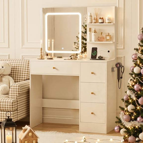 Makeup Vanity Desk with Mirror amd LED Lights, White Vanity Table with Charging Station, 3 Open Storage Shelves & 4 Drawers, Dressing Table with 3 Color Modes & Adjustable Brightness for Bedroom