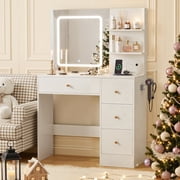 Makeup Vanity Desk with Mirror amd LED Lights, White Vanity Table with Charging Station, 3 Open Storage Shelves & 4 Drawers, Dressing Table with 3 Color Modes & Adjustable Brightness for Bedroom