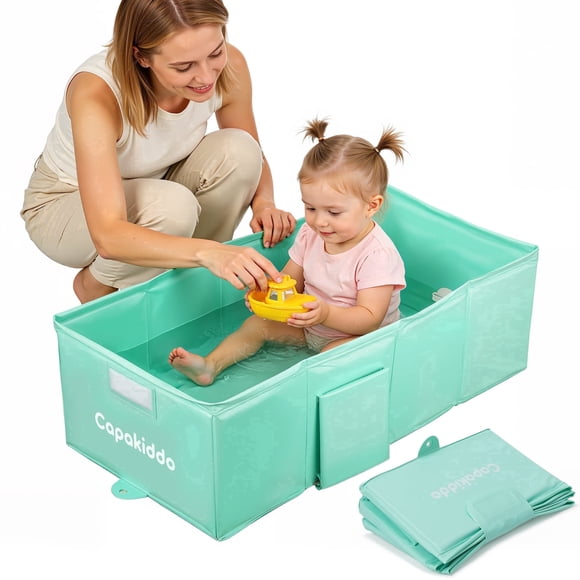 Capakiddo Foldable Toddler Tub, Portable Travel Shower Tub Converts Shower to Tub with Drain Hole, Collapsible Baby Bathtub, Folds to Store, Green