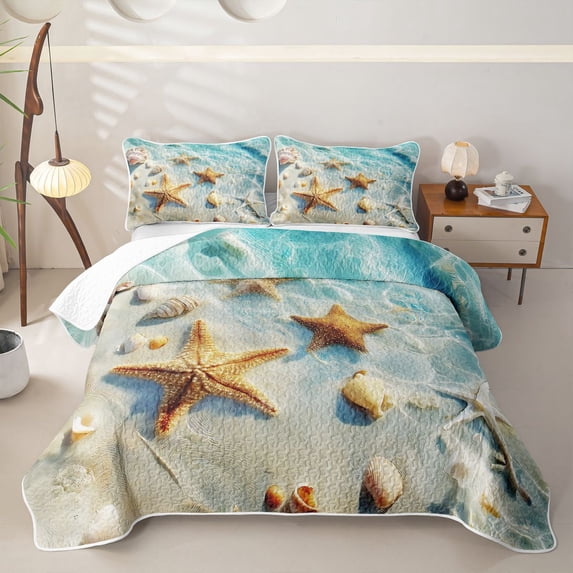 spefrowx 3D Ocean Starfish Bed Spread Queen for Girls Boys, Summer Seashell Beach Queen Coverlet Set, 3 Pieces