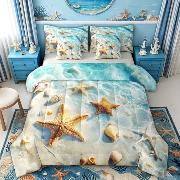 spefrowx 3D Ocean Starfish Full Size Bedding Sets for Kids, Summer Seashell Beach Full Size Bed in a Bag, Gray Reversible, 7 Pieces