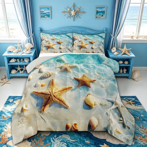 spefrowx 3D Ocean Starfish Queen Comforter Set for Kids, Summer Seashell Beach Comforter Sets Queen, Gray Reversible, 3 Pieces, 1 Comforter and 2 Pillowcases