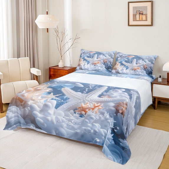 spefrowx 3D Sculpted Starfish King Sheets for Teens, Blush Jellyfish Coral Reef Bedding, 4pcs, 1 Flat Sheet, 1 Fitted Sheet and 2 Pillowcases