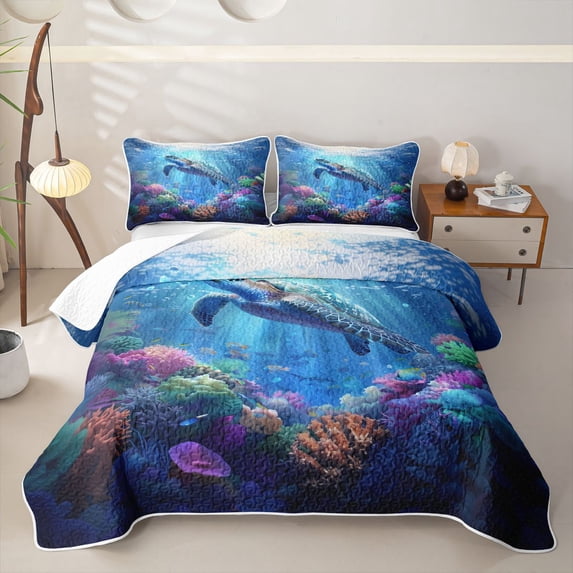 spefrowx 3D Sea Turtle Bed Spread Queen for Teens, Cyan Ocean Coral Animal Queen Coverlet Set, 3 Pieces