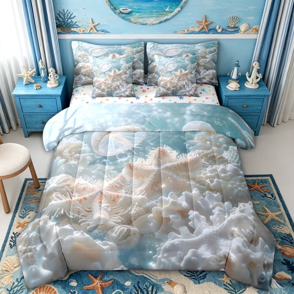 spefrowx 3D Underwater White Jellyfish Twin Bedding for Teens, Pale Aqua Sculpted Spotted Starfish Coral Bedding Comforter Set, Stars Reversible, 7-Piece