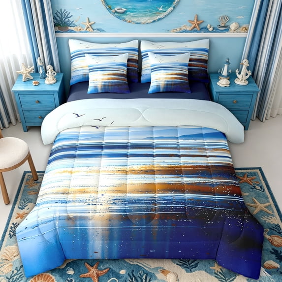 spefrowx Abstract Coastal Seascape Queen Bedding for Women Men, Blue Gradient Seagull Bedding Comforter Set Queen, Navy Reversible, 7pcs