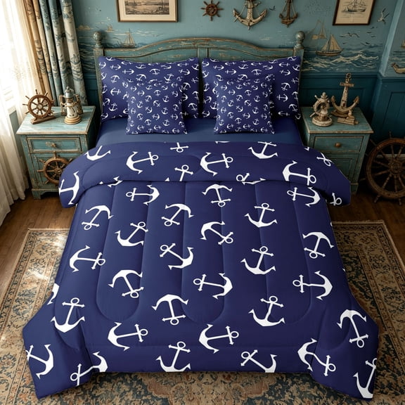 spefrowx Anchor Silhouette Twin Bedding for Kids, Nautical Repeat Marine Bedding Comforter Set, Navy Reversible, 7pcs