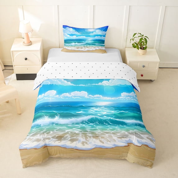 spefrowx Anime Beach Twin Duvet Cover for Kids, Vivid Sky Sparkle Wave Sandy Shore Twin Bedding, Reversible, 2 Pieces, 1 Duvet Cover and 1 Pillowcase