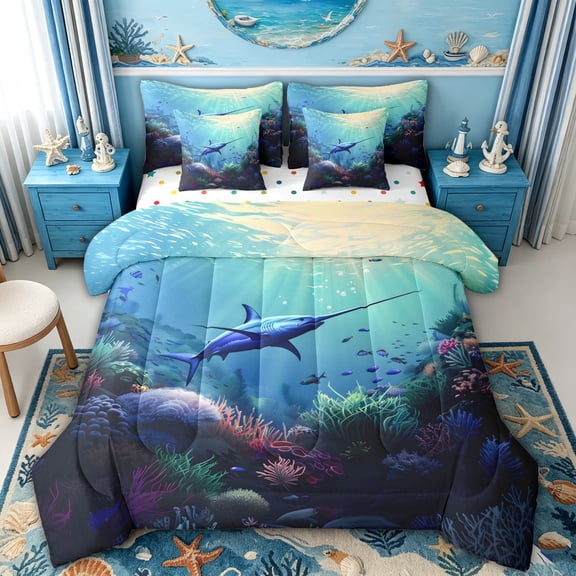spefrowx Anime Blue Swordfish Full Size Bedding Sets for Teens, Underwater Reef Animal Full Size Bed in a Bag, Polka Dot Reversible, 7 Pieces