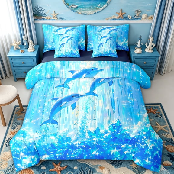 spefrowx Anime Crystal Dolphin Queen Bedding for Teens, Blue Sparkle Ice Reef Seabed Bedding Comforter Set Queen, Navy Reversible, 7-Piece