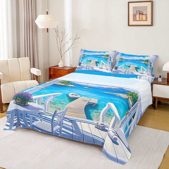 spefrowx Anime Dock Boat Queen Sheets for Kids Women, Sky Coastal Marine Queen Sheet Sets, 4 Pieces, 1 Flat Sheet, 1 Fitted Sheet and 2 Pillowcases