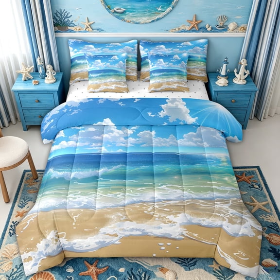 spefrowx Anime Sunny Coast Twin Bedding for Adult, Wave Cloud Summer Beach Bedding Comforter Set, Reversible, 7pcs