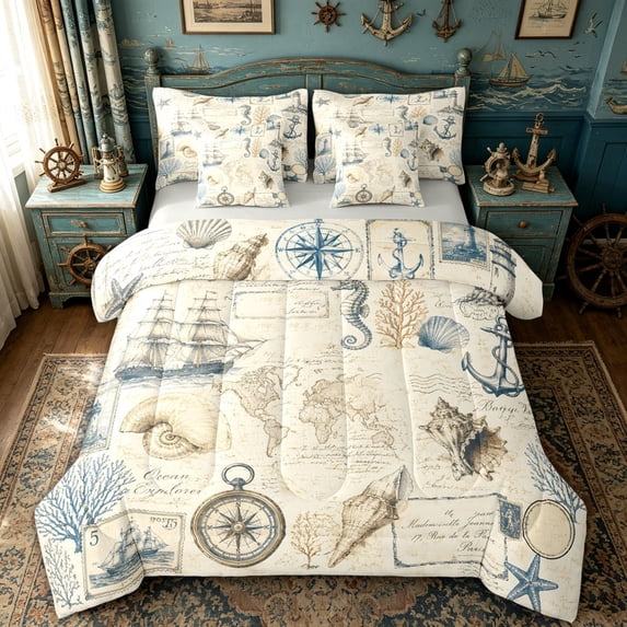 spefrowx Antique Map Collage Twin Bedding for Men, Compass Lighthouse Seahorse Nautical Bedding Comforter Set, Gray Reversible, 7 Pieces