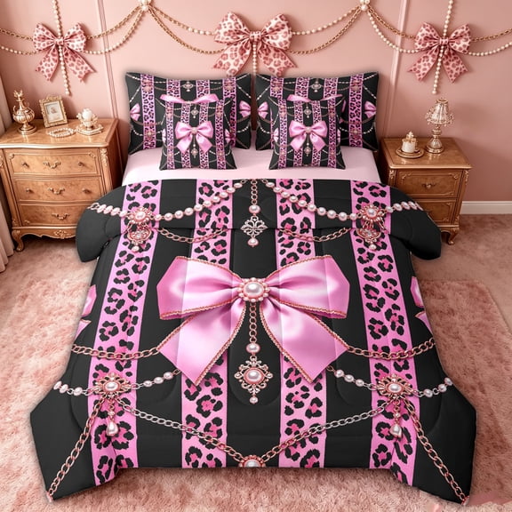 spefrowx Baroque Leopard Print Bow Twin Bedding for Girls, Princess Pink Pearl Stripe Bedding Comforter Set, Pink Reversible, 7-Piece